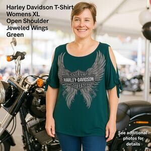 Harley Davidson T-Shirt Womens XL Open Shoulder Jeweled Wings Green